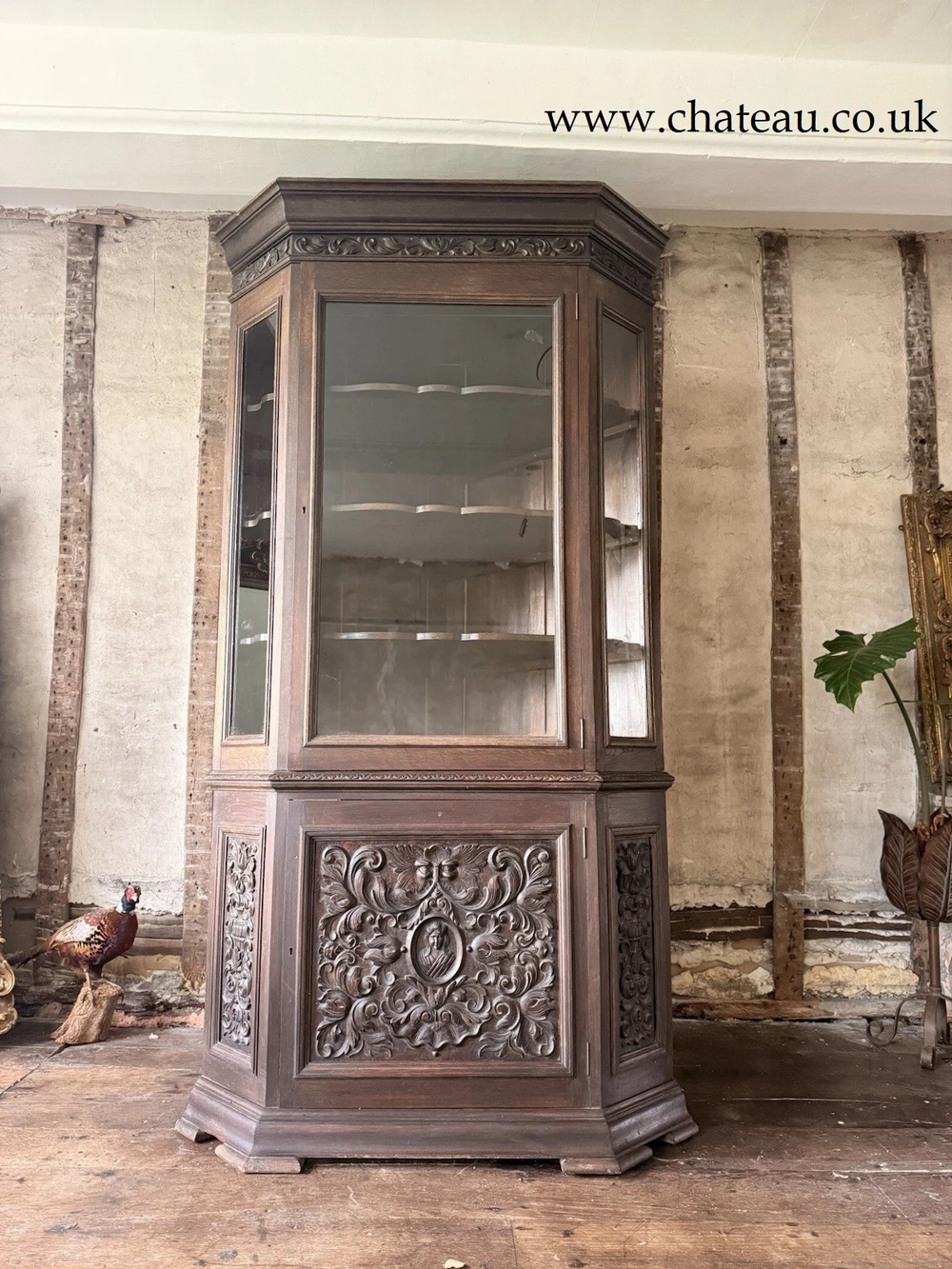 Antique Carved Oak Glass Freestanding Corner Display Cabinet Cupboard