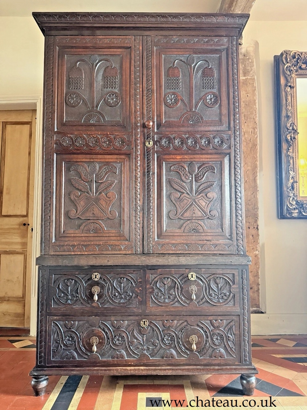 SOLD - Original Carved Antique English Oak Livery Cupboard Hall Wardrobe Circa 1870