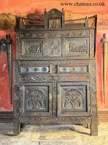 Rare Jacobean antique Oak Hand Carved Folk Art Cabinet Buffet Cupboard 1600's
