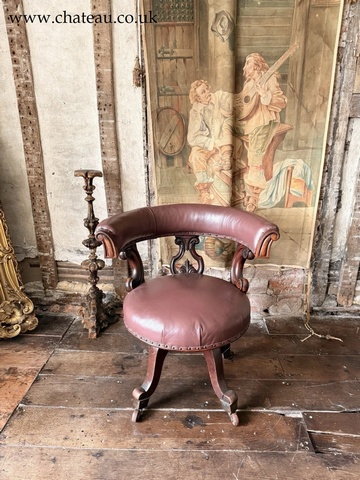 Antique Mahogany Brown Leather Victorian Office Desk Horseshoe Chair 1880c