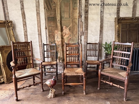 Matching Antique Farmhouse Rustic Rush Lancashire Ladder Back Elbow Chairs x 6