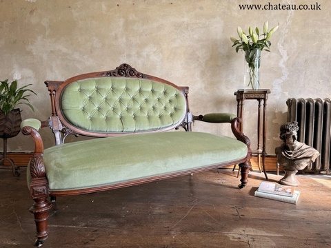 Original Antique Carved Pistachio Green Chaise Longue Salon Sofa England 1880 C