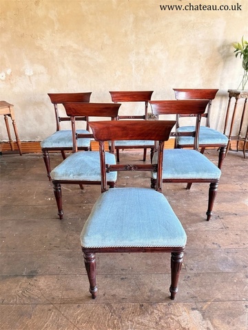 English Matching Set of 6 Antique Mahogany Regency Blue Dining Chairs 1820C