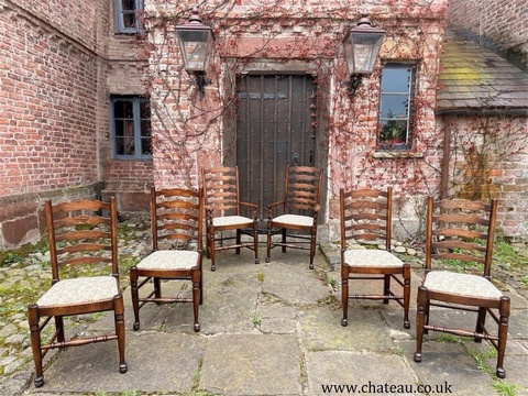 Set 6 Vintage Oak Ladder back Rustic Farmhouse Dining Chairs w/ Elbow Chairs