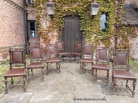 Set 8 Antique French Rustic Oak Renaissance Revival Henri II Style Dining Chairs 1880 Circa
