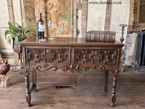 Antique English Victorian Jacobean Style Oak Geometric Console Dresser Base Sideboard